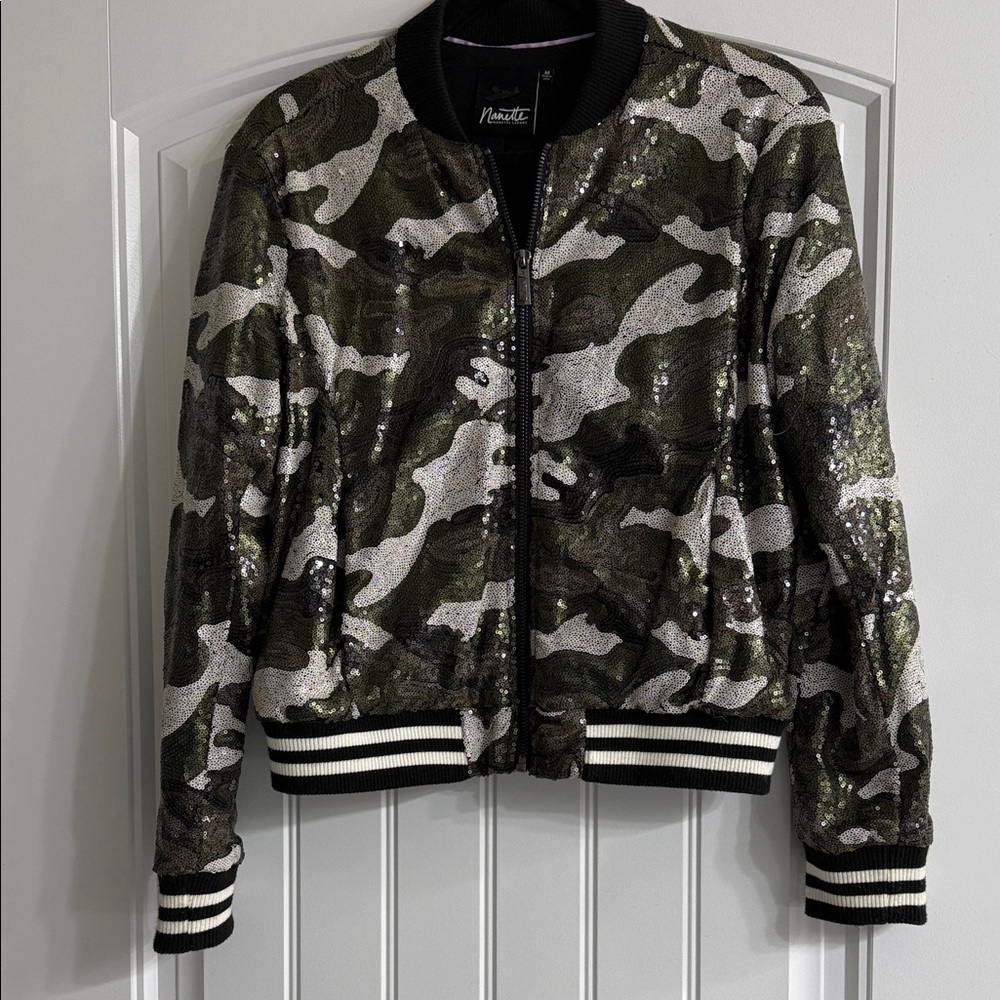 Nanette Lepore Camouflage Sequin Bomber Jacket